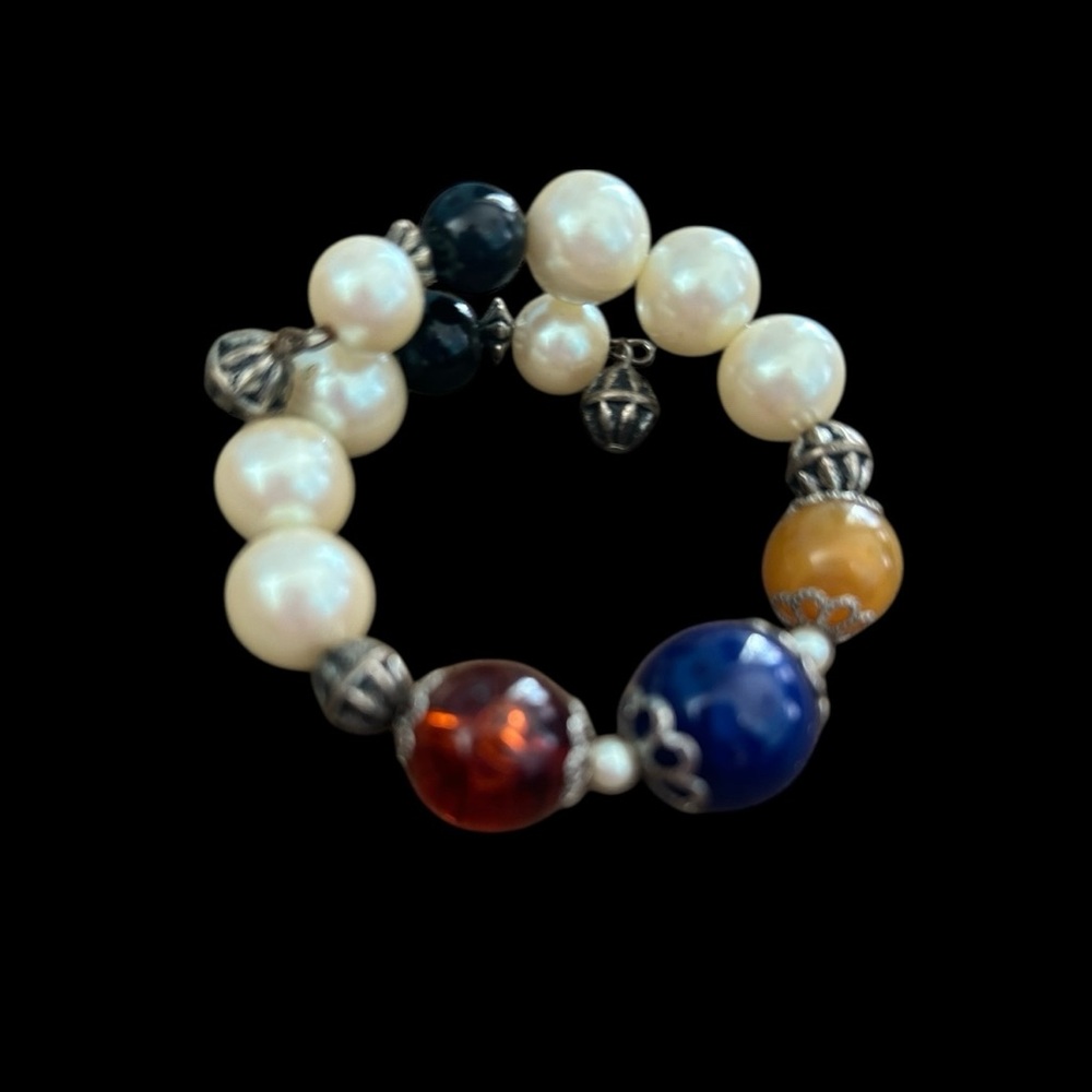 Vintage Open Cuff Bead Pearl Bracelet Multicolor Blue Red Yellow BOHO Summer